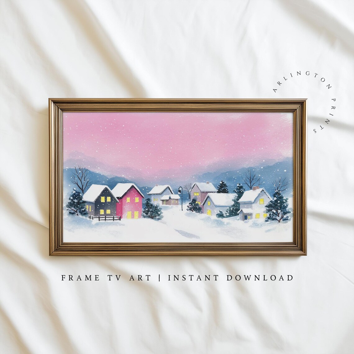 Snowy Winter Village Pink Sky Christmas Samsung Frame TV Art Poster