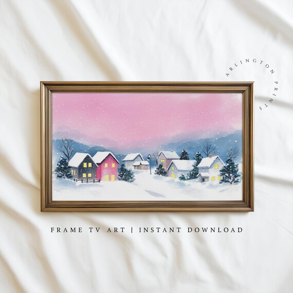 Snowy Winter Village Pink Sky Christmas Samsung Frame TV Art Poster
