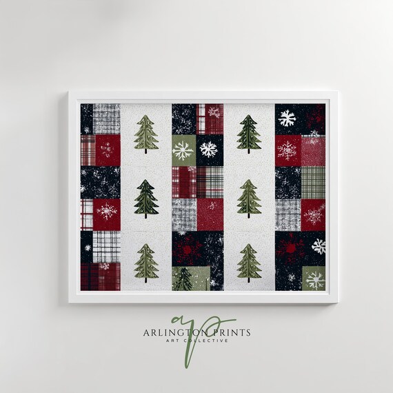 Farmhouse Christmas Quilt Patchwork Trees Rustic Holiday Poster
