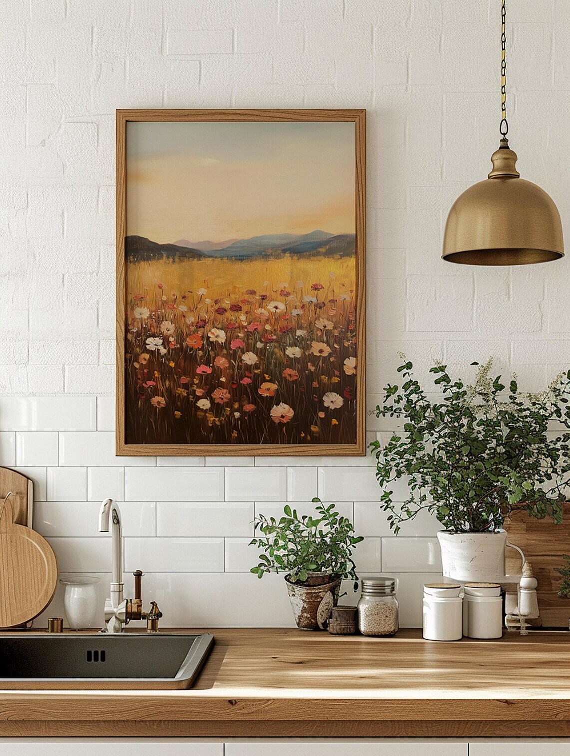 Sunset Wildflower Meadow Golden Field Mountain Landscape Art Poster - Image 2