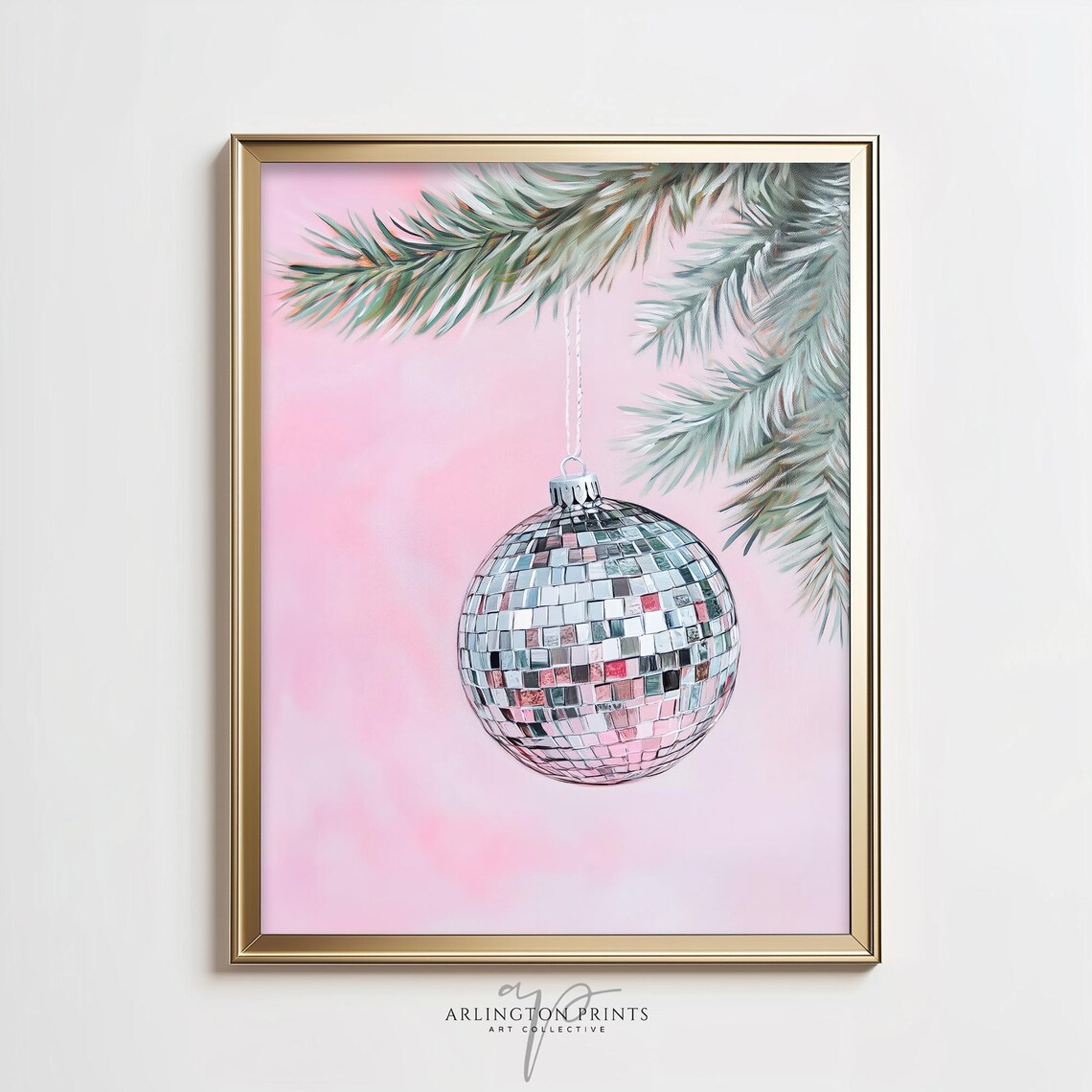 Pink Disco Ball Ornament Art Print, Preppy Christmas