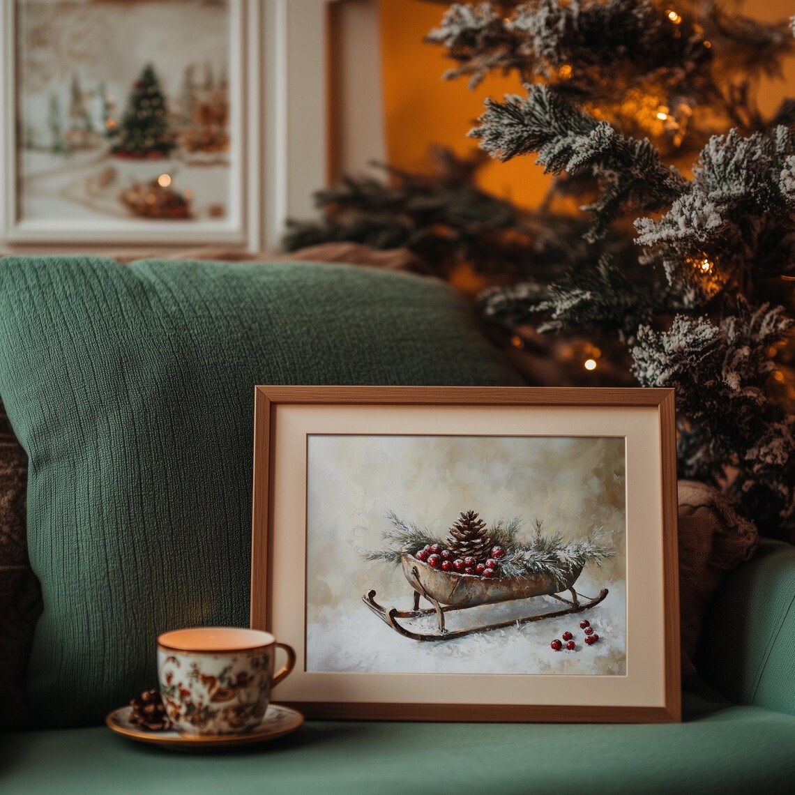 Antique Wooden Sled Pinecones Red Berries Frosted Pine Winter Poster - Image 4
