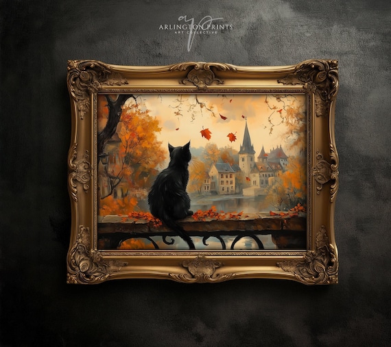 Moody Autumn Painting Black Cat Looking Over Gothic Village Halloween Art Print Cute Spooky Season T54