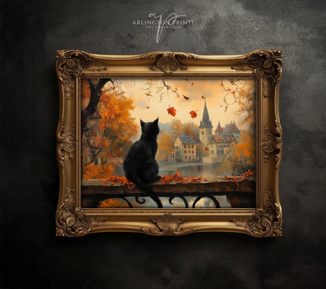 Black Cat Overlooking Gothic Village Autumn Moody Painting Poster