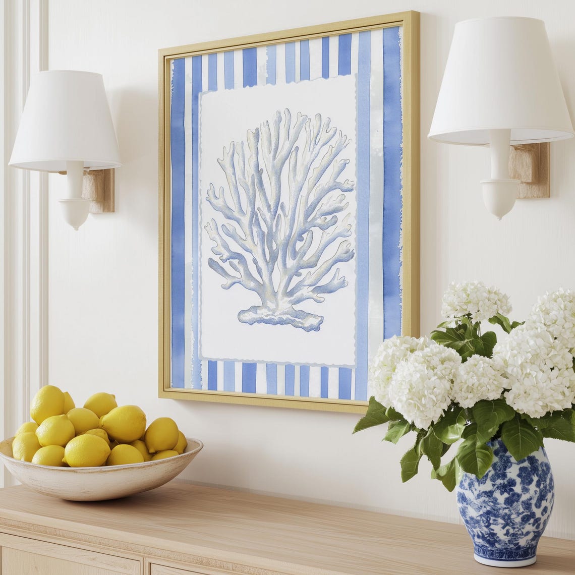 Delicate White Coral Blue Stripes Coastal Beach Decor Poster - Image 2