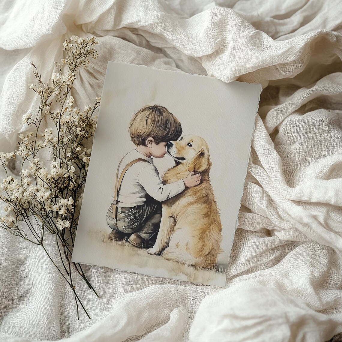 Little Boy and Golden Retriever Sharing Sweet Moment Nursery Poster - Image 3