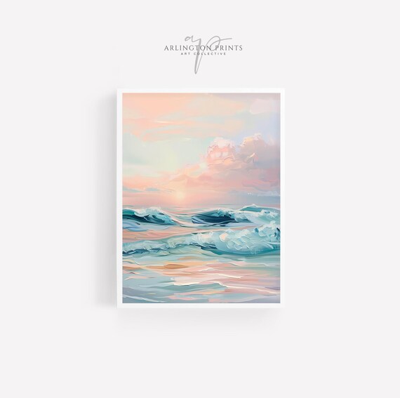 Pastel Ocean Waves Sunset Pink Sky Soft Coastal Watercolor Poster