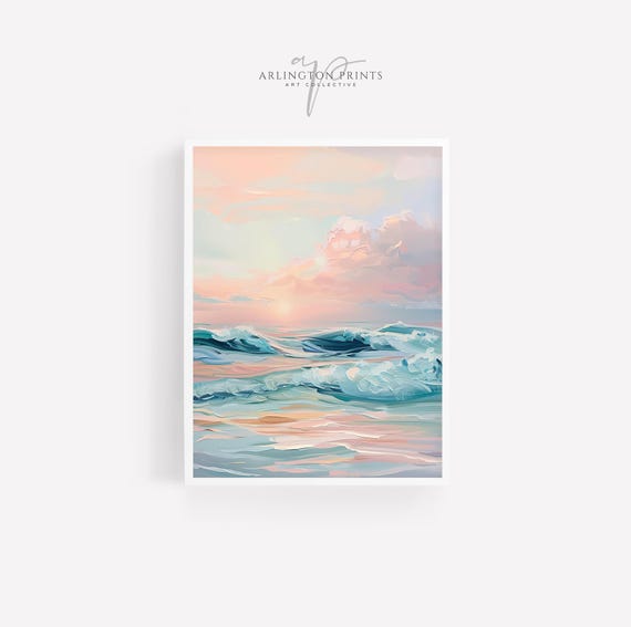 Pink Coastal Beach Wall Art Pastel Abstract Ocean Painting Watercolor Girly Print Seascape House P605