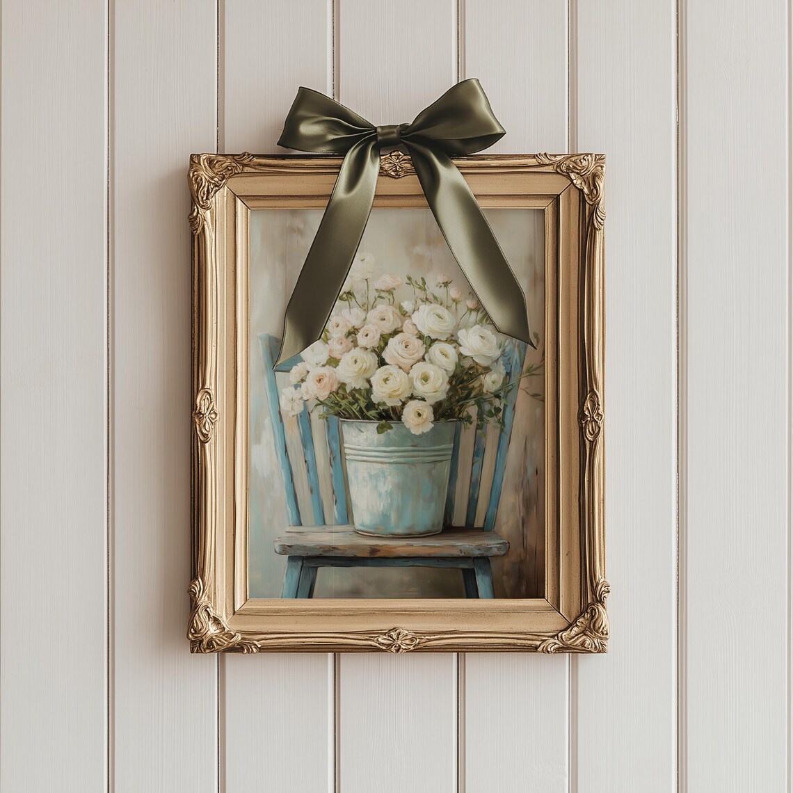 White Ranunculus Bouquet in a Blue Bucket on a Rustic Chair Art Poster - Image 3