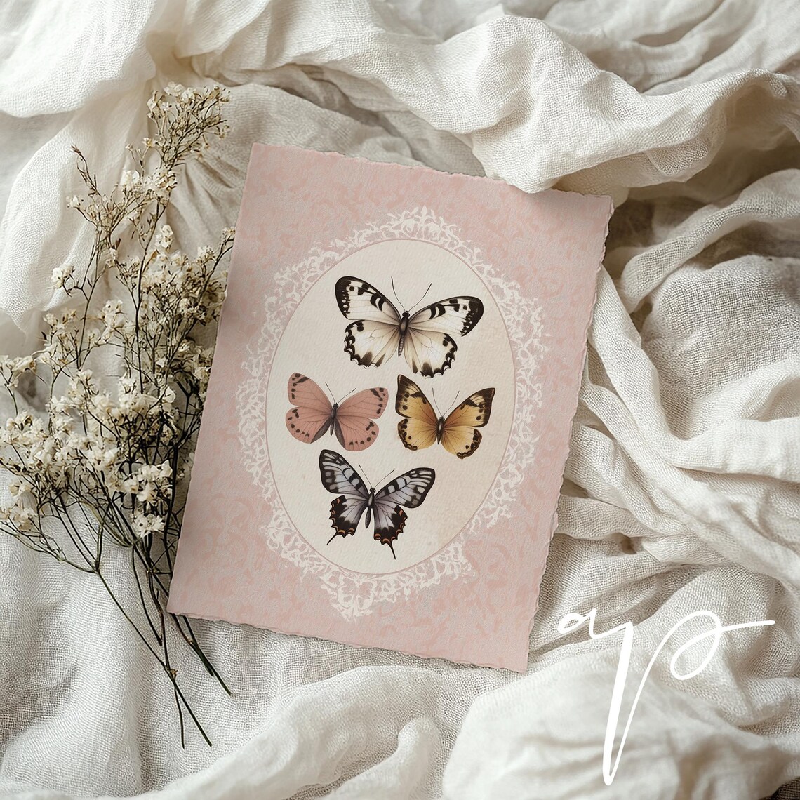 Four Vintage Butterflies Oval Lace Medallion Pink Nursery Art Poster - Image 4