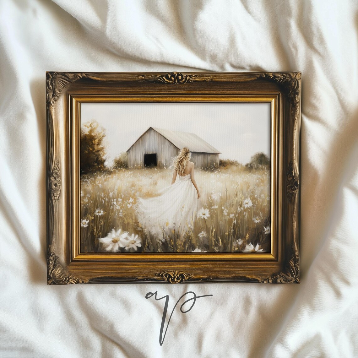 Woman In White Dress Walking Through Wildflower Field Poster - Image 2