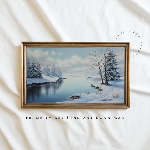 Samsung Frame Tv Art Winter Lake Landscape Snowy Forest Painting Serene River Scene Cozy Seasonal Home Decor Screensaver