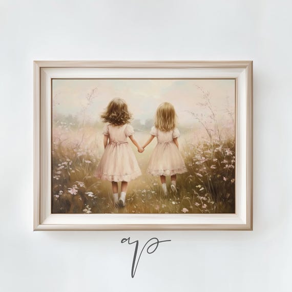 Cute Girls in Wildflower Field, Farmhouse Art Print