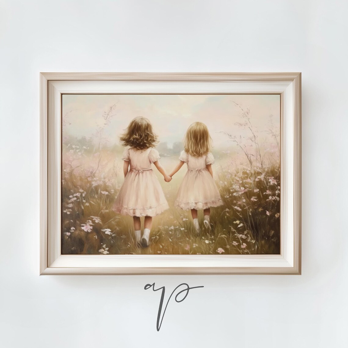 Cute Girls in Wildflower Field, Farmhouse Art Print
