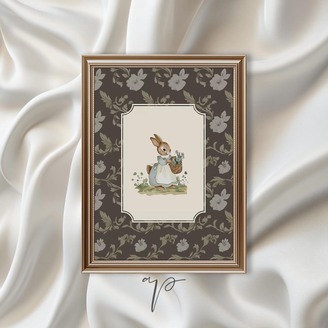 Sweet Bunny Girl With Flower Basket On Dark Floral Nursery Poster