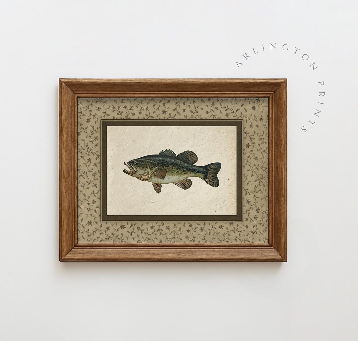 Vintage Bass Fish Art Print, Rustic Cabin Decor