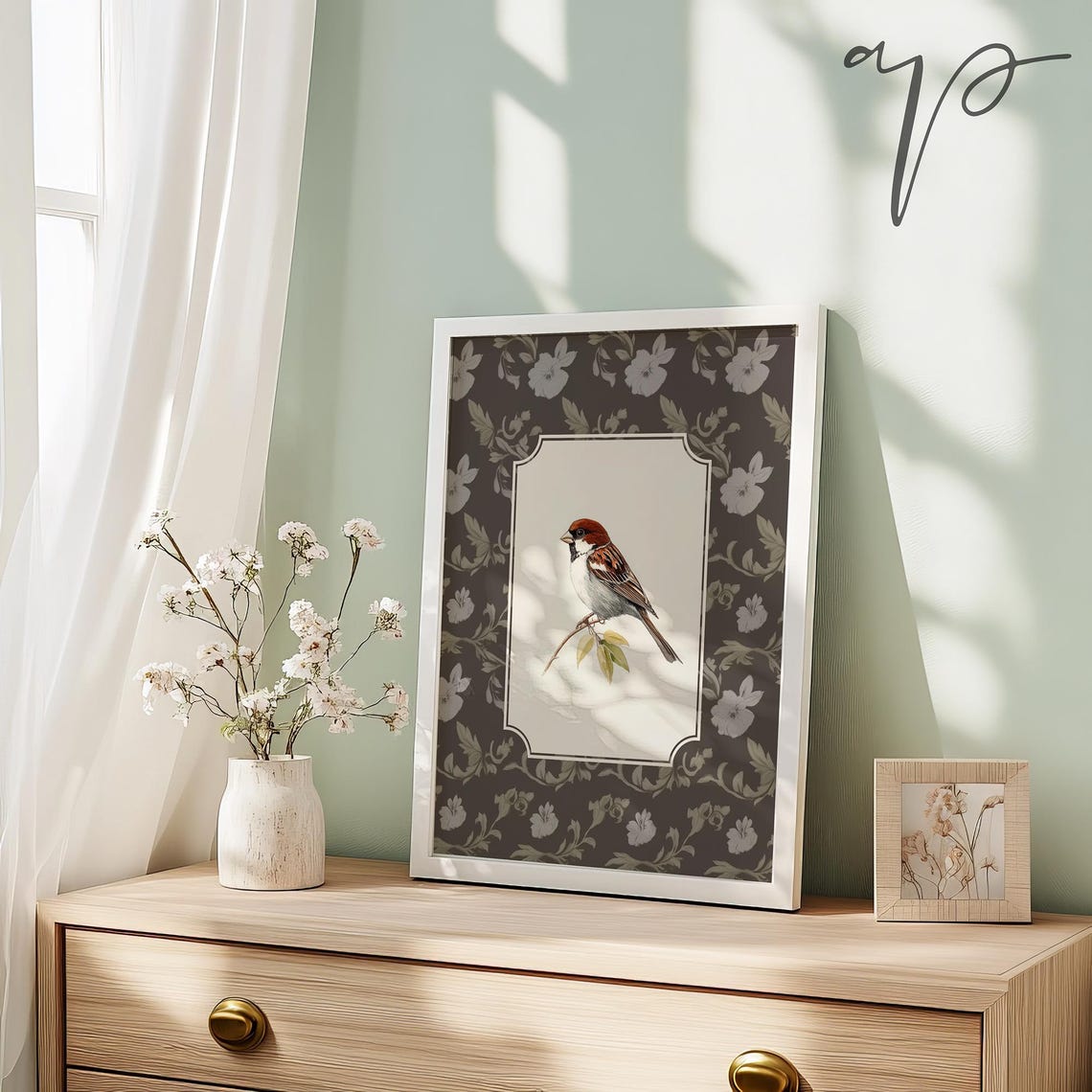 Vintage Sparrow Perched On Twig Dark Floral Background Poster - Image 3