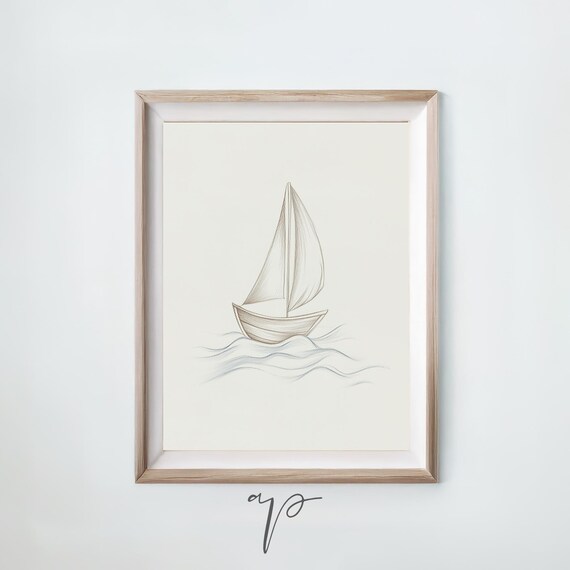 Minimalist Sailboat Sketch On Cream Nursery Nautical Art Poster