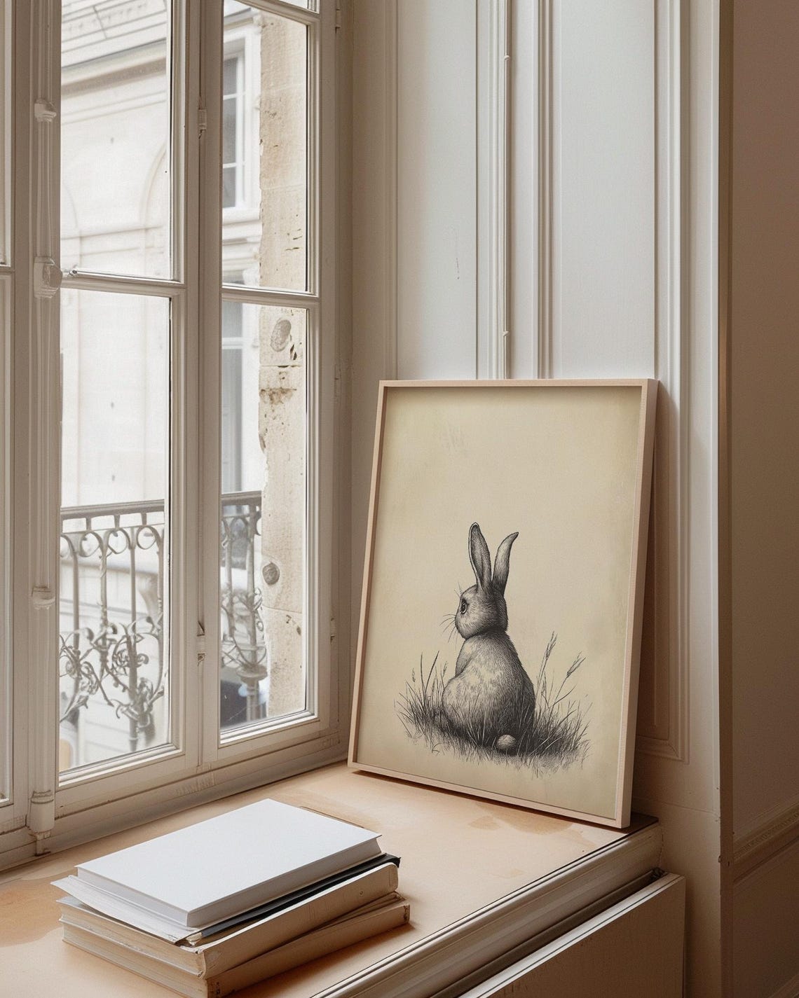 Vintage Rabbit Sketch Sitting in Grass Beige Easter Bunny Art Poster - Image 2