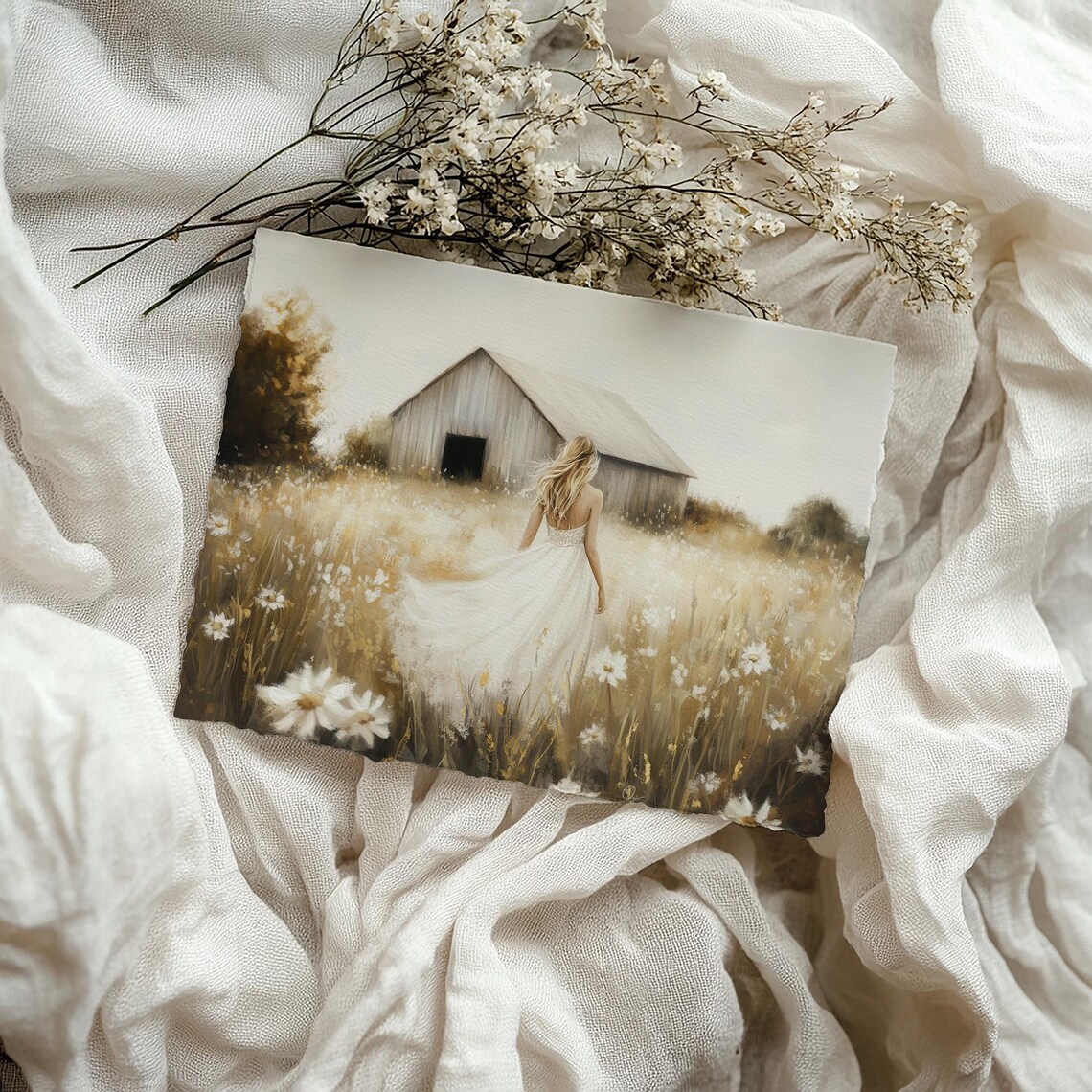Woman In White Dress Walking Through Wildflower Field Poster - Image 4