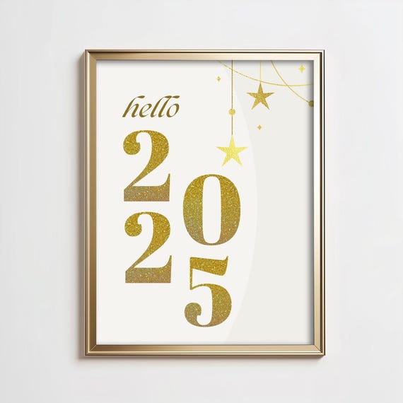 New Years Wall Art Hello 2025 Gold And Yellow Nye Art Print Cute Holiday Decor Minimalist Trendy Wall Art Office Decor