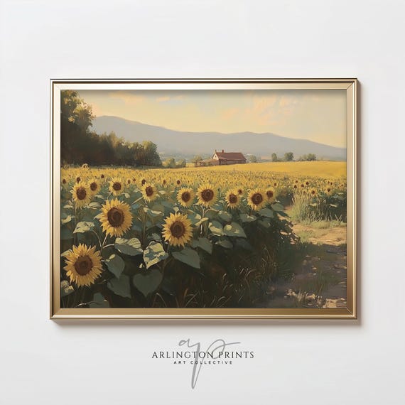 Moody Sunflower Field Art Print Neutral Landscape Wall Art Vintage Oil Painting Cottage Core Decor Summer Farmhouse A652