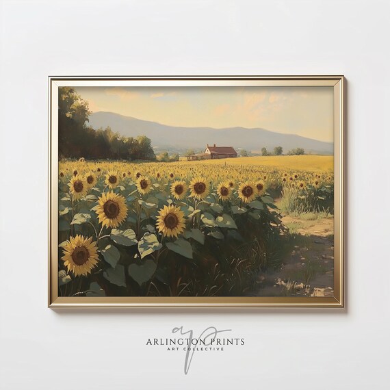 Sunflower Field at Golden Hour with Farmhouse Moody Landscape Print
