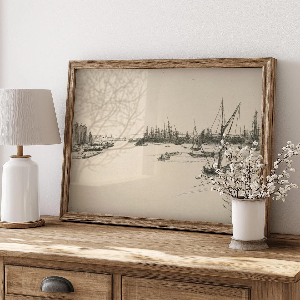 Antique Harbor Sketch Etching Sailboats Ships Ink Drawing Poster - Image 2