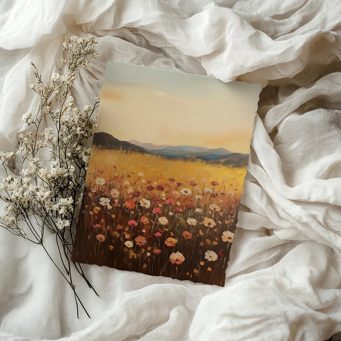 Sunset Wildflower Meadow Golden Field Mountain Landscape Art Poster - Image 4