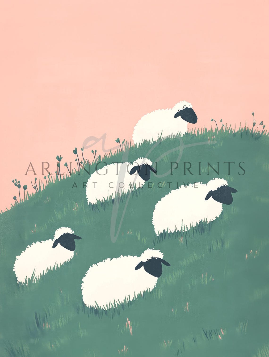 Five Sheep Grazing On Green Hillside Soft Pink Sky Kids Poster - Image 3