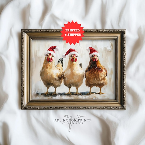 Funny Christmas Chicken Art Print, Whimsical Farmhouse