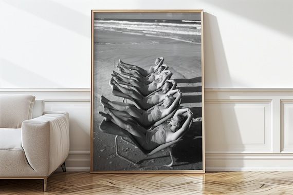 Vintage Black White Beach Women Sunbathing Retro Summer Photo Poster