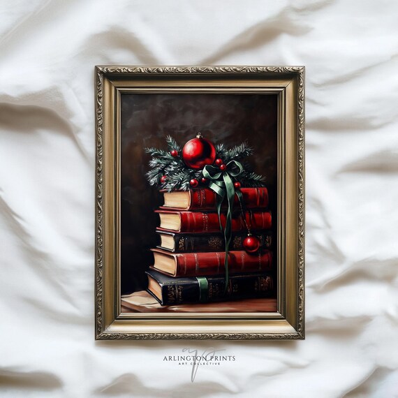 Vintage Christmas Books Stack Ornament Holiday Still Life Poster