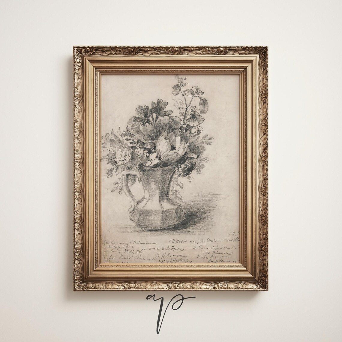 Vintage Floral Sketch Flowers In Pitcher Pencil Art Wall Print