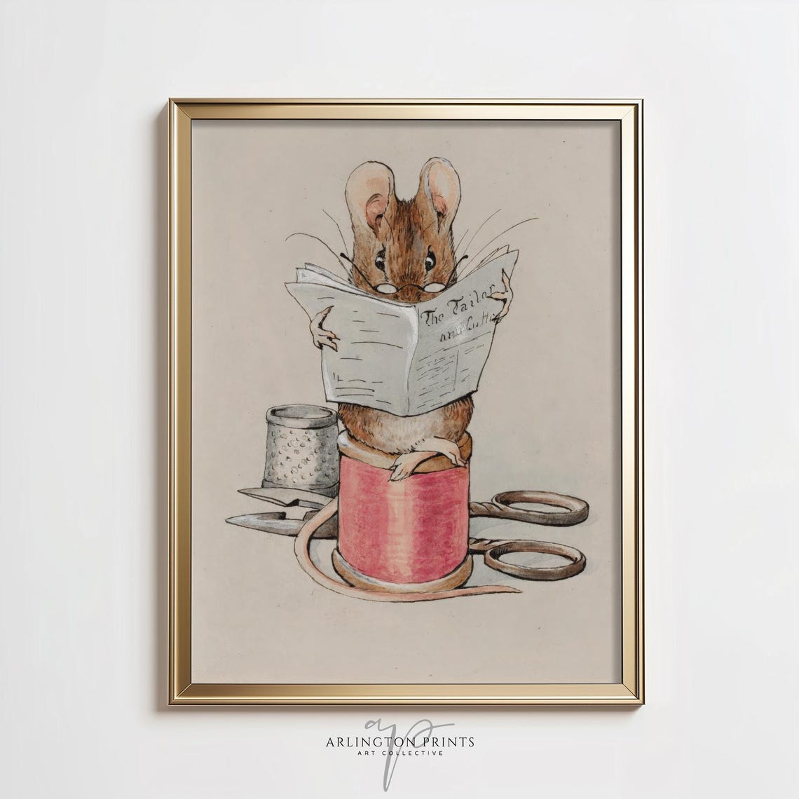 Mouse Reading Newspaper on Thread Spool Vintage Storybook Poster