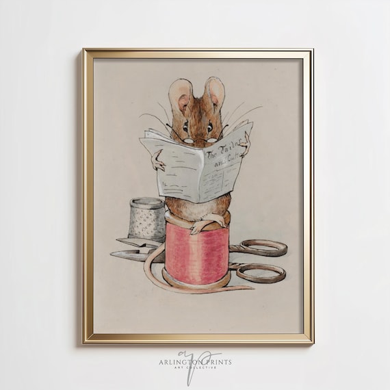 Mouse Reading Newspaper on Thread Spool Vintage Storybook Poster