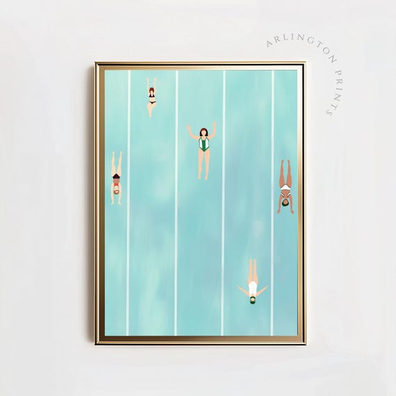 People Swimming Pool Art Print Swimmers Poster Art Minimalist Bathroom Decor Sky Blue Dorm Decor Trendy Art Print