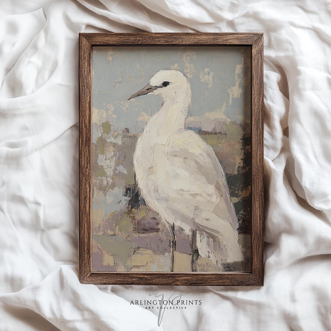 White Egret Heron Standing Abstract Muted Coastal Bird Painting Poster - Image 4