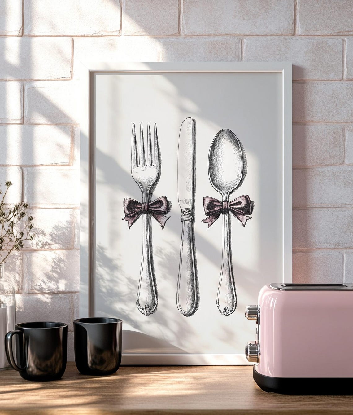 Fork Knife Spoon Sketch Purple Bows Coquette Kitchen Art Poster - Image 2