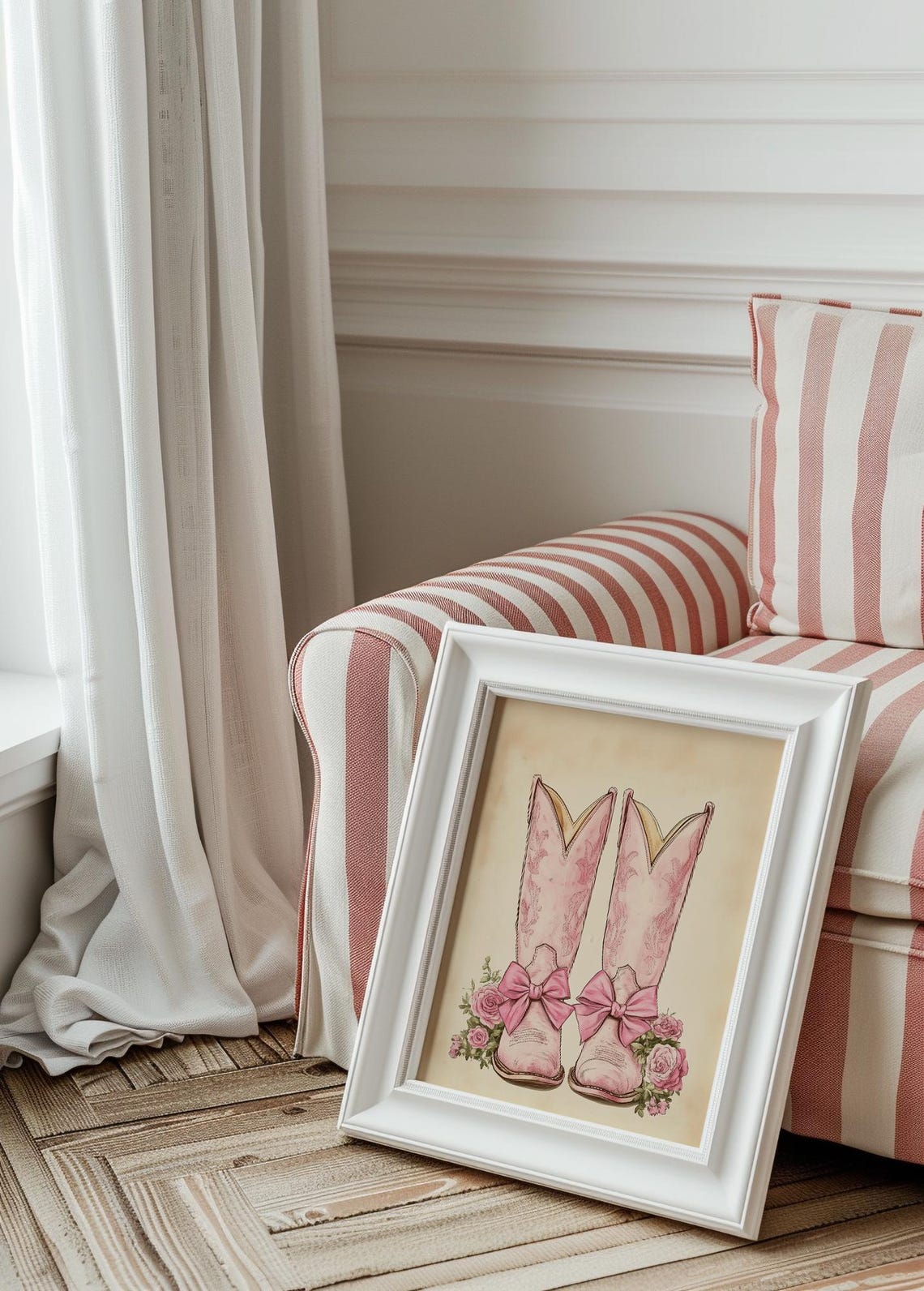 Pink Cowboy Boots Bows Roses Western Vintage Style Art Print - Image 3