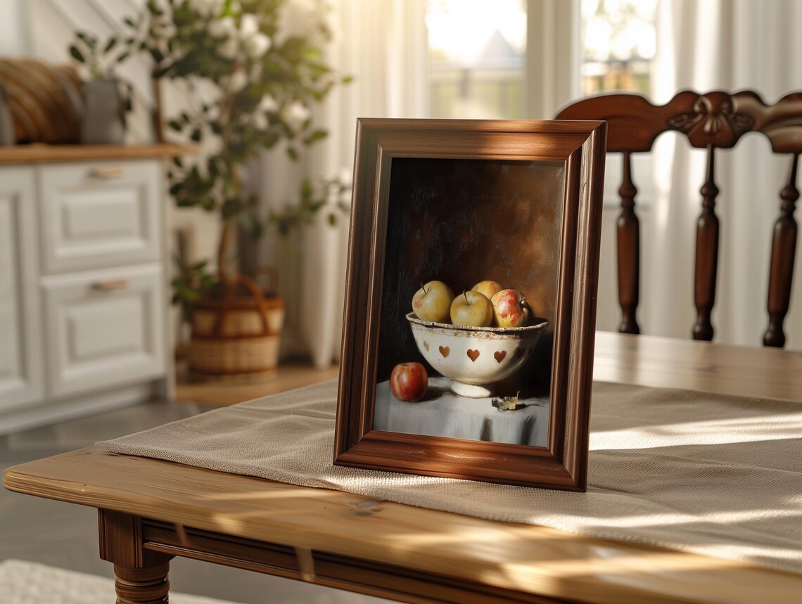 Rustic Bowl Of Apples Moody Dark Still Life Kitchen Decor Poster - Image 6