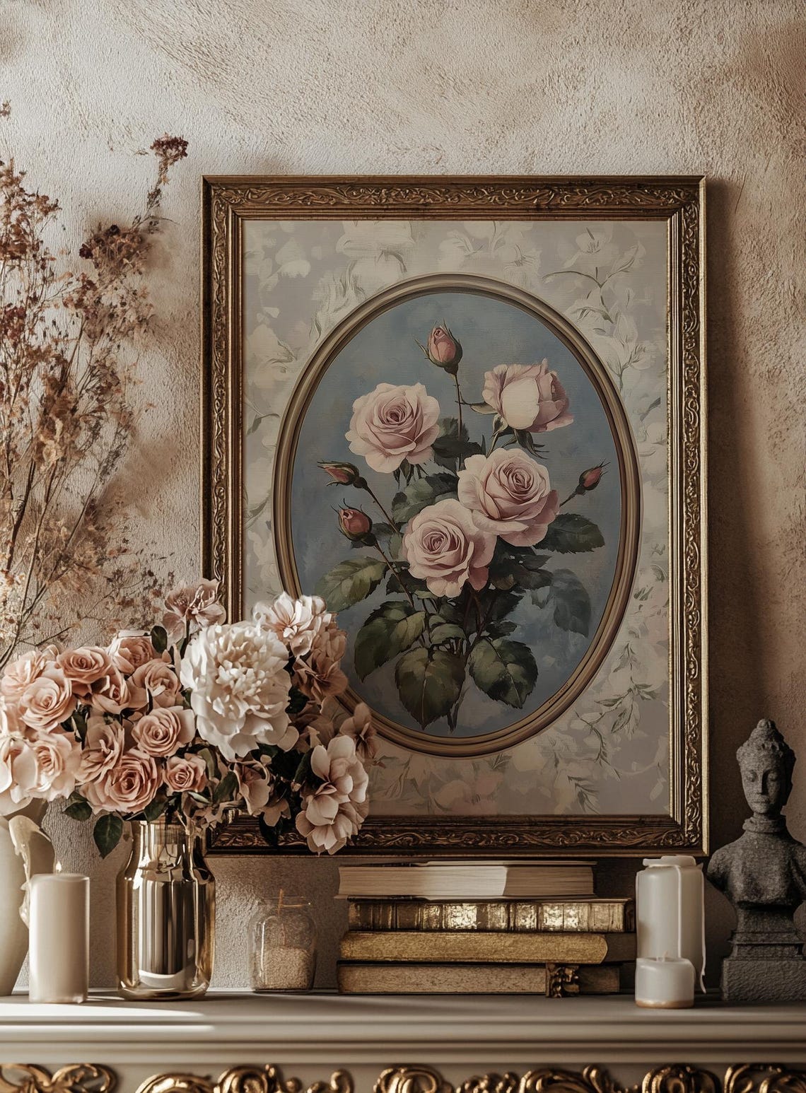 Vintage Pink Roses Oval Frame Romantic Floral Wallpaper Wall Art - Image 4