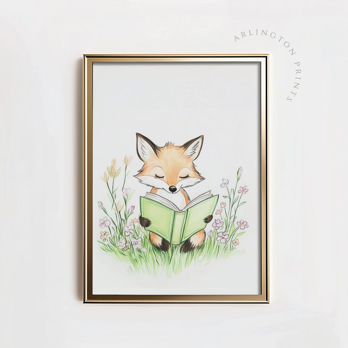 Baby Fox Reading Green Book Watercolor Nursery Decor Art Poster