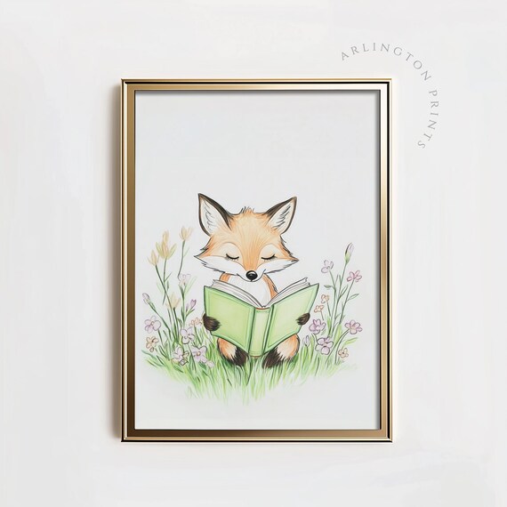 Baby Fox Reading Green Book Watercolor Nursery Decor Art Poster