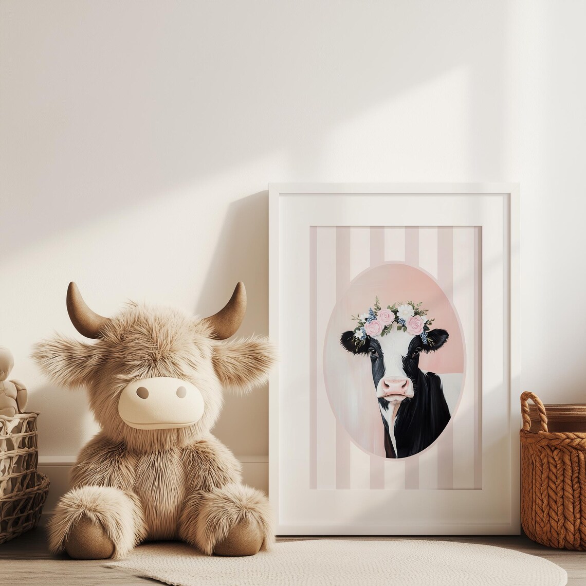 Cow with Flower Crown Pink Stripes Whimsical Nursery Decor Poster - Image 4