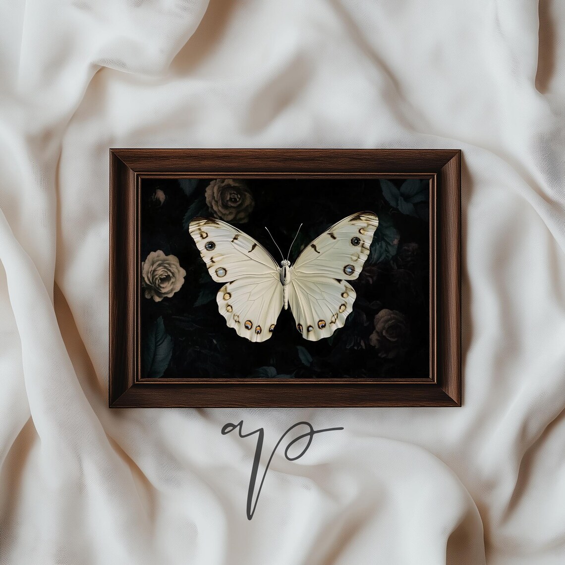 White Butterfly on Dark Florals Moody Botanical Insect Art Poster - Image 2
