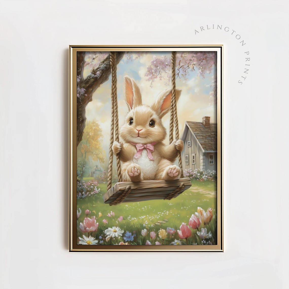 Easter Bunny On A Swing Pastel Floral Spring Garden Nursery Poster