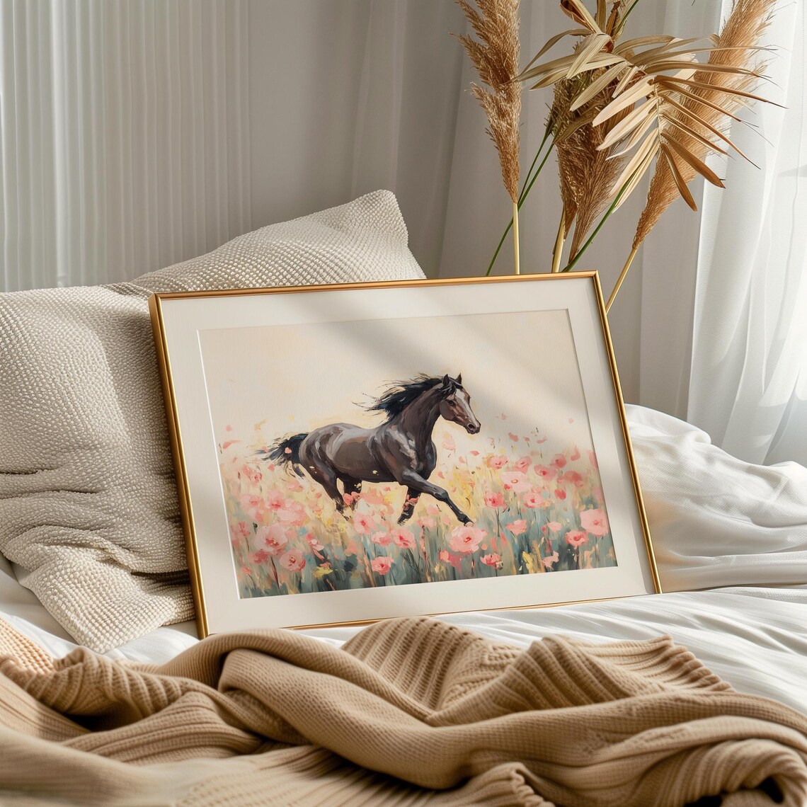 Black Horse Wildflower Meadow Western Art Print - Image 3