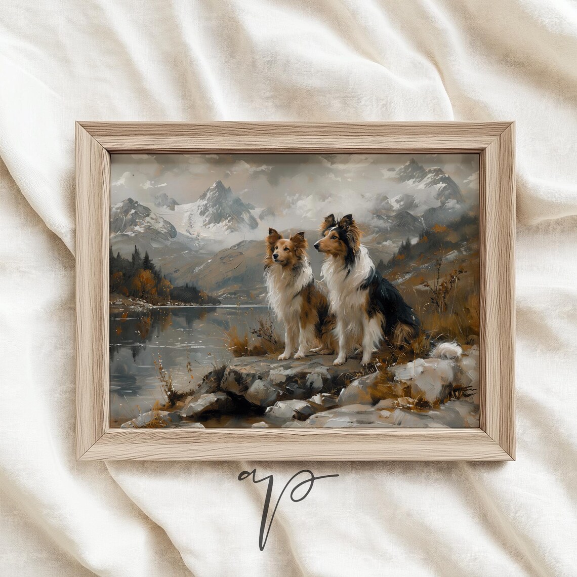 Two Collies Mountain Lake Vintage Oil Painting Dog Portrait Poster - Image 3