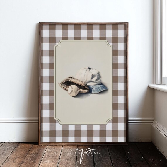 Vintage Baseball Glove Ball Cap Gingham Neutral Nursery Poster